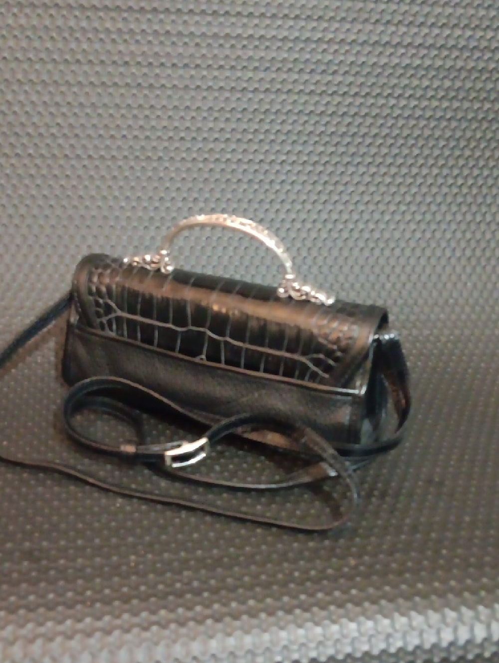 Black Croc-Embossed Leather Shoulder Bag with Silver Hardware - Picture 3 of 7